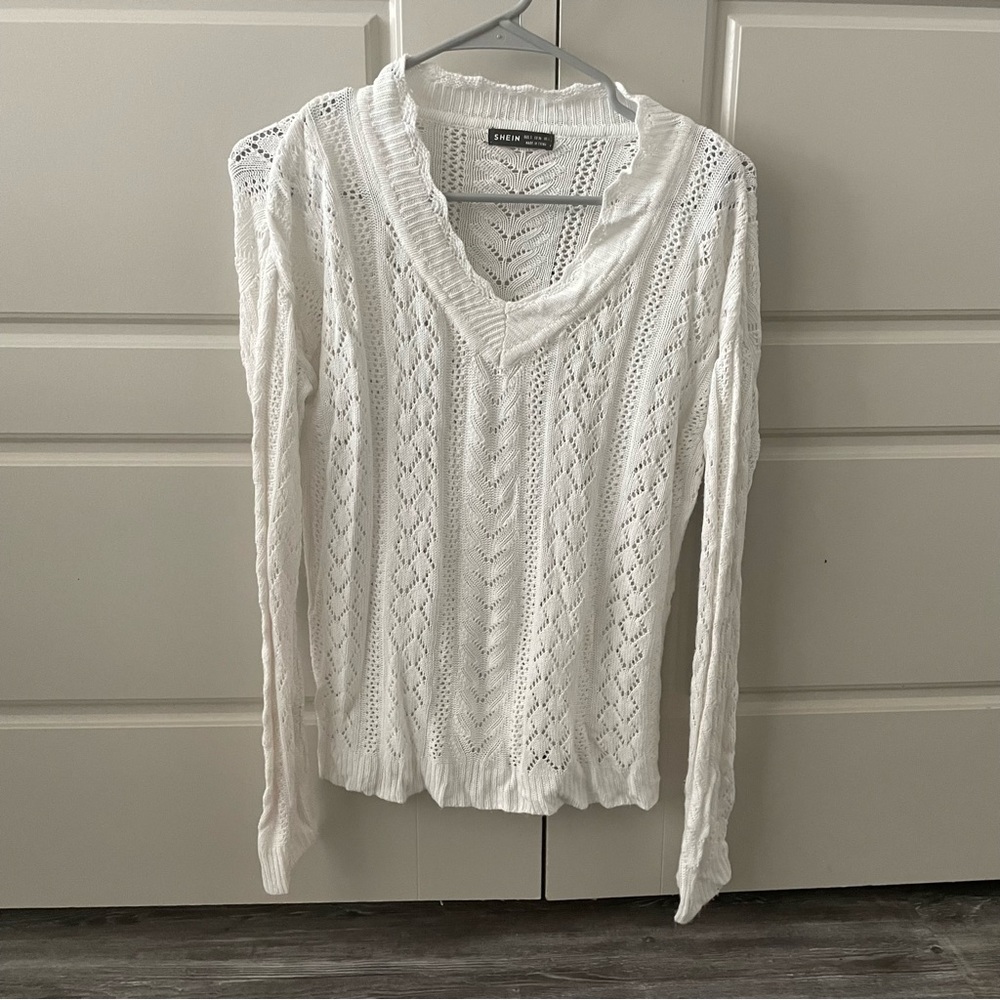 Shein Pointelle Knit Scallop Trim Drop Shoulder Sweater white small